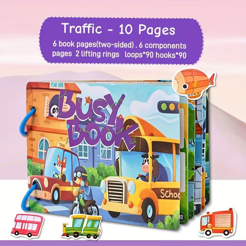 Reusable traffic-themed busy book, enlightening cognitive shape and color matching puzzle, DIY interactive toy book for cultivating hands-on skills