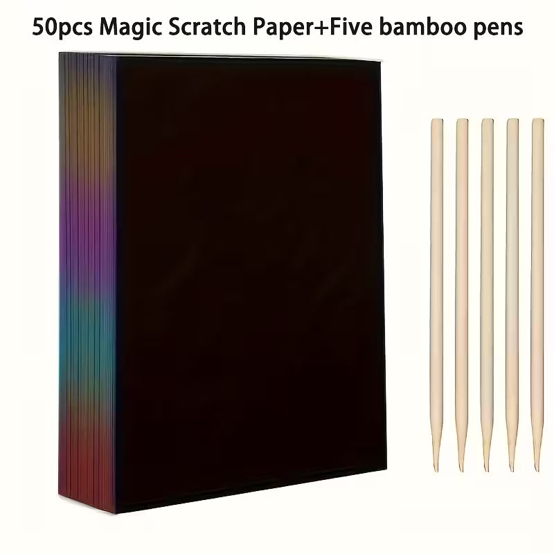 50pcs Magic Scratch Paper With 5pcs Bamboo Pens, Scratch Rainbow Art Paper Scratch Painting Kit With 5 Wooden Sticks Birthday Party Holiday Gift