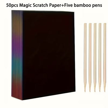 50pcs Magic Scratch Paper With 5pcs Bamboo Pens, Scratch Rainbow Art Paper Scratch Painting Kit With 5 Wooden Sticks Birthday Party Holiday Gift